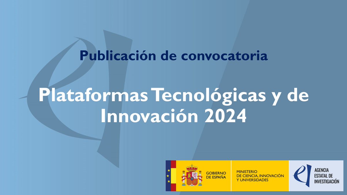 Agencia Estatal de Investigación (@ageinves) on Twitter photo ‼️ La <a href="/AgEInves/">Agencia Estatal de Investigación</a> publica la convocatoria de ayudas a Plataformas Tecnológicas y de Innovación 2024.
💰 6 millones €
🗓️ Solicitudes del 18 de octubre al 7 de noviembre.
Ficha de la convocatoria ➡️ aei.gob.es/convocatorias/…
ℹ️ Creación y consolidación de Plataformas Tecnológicas y de ‼️ La <a href="/AgEInves/">Agencia Estatal de Investigación</a> publica la convocatoria de ayudas a Plataformas Tecnológicas y de Innovación 2024.
💰 6 millones €
🗓️ Solicitudes del 18 de octubre al 7 de noviembre.
Ficha de la convocatoria ➡️ aei.gob.es/convocatorias/…
ℹ️ Creación y consolidación de Plataformas Tecnológicas y de