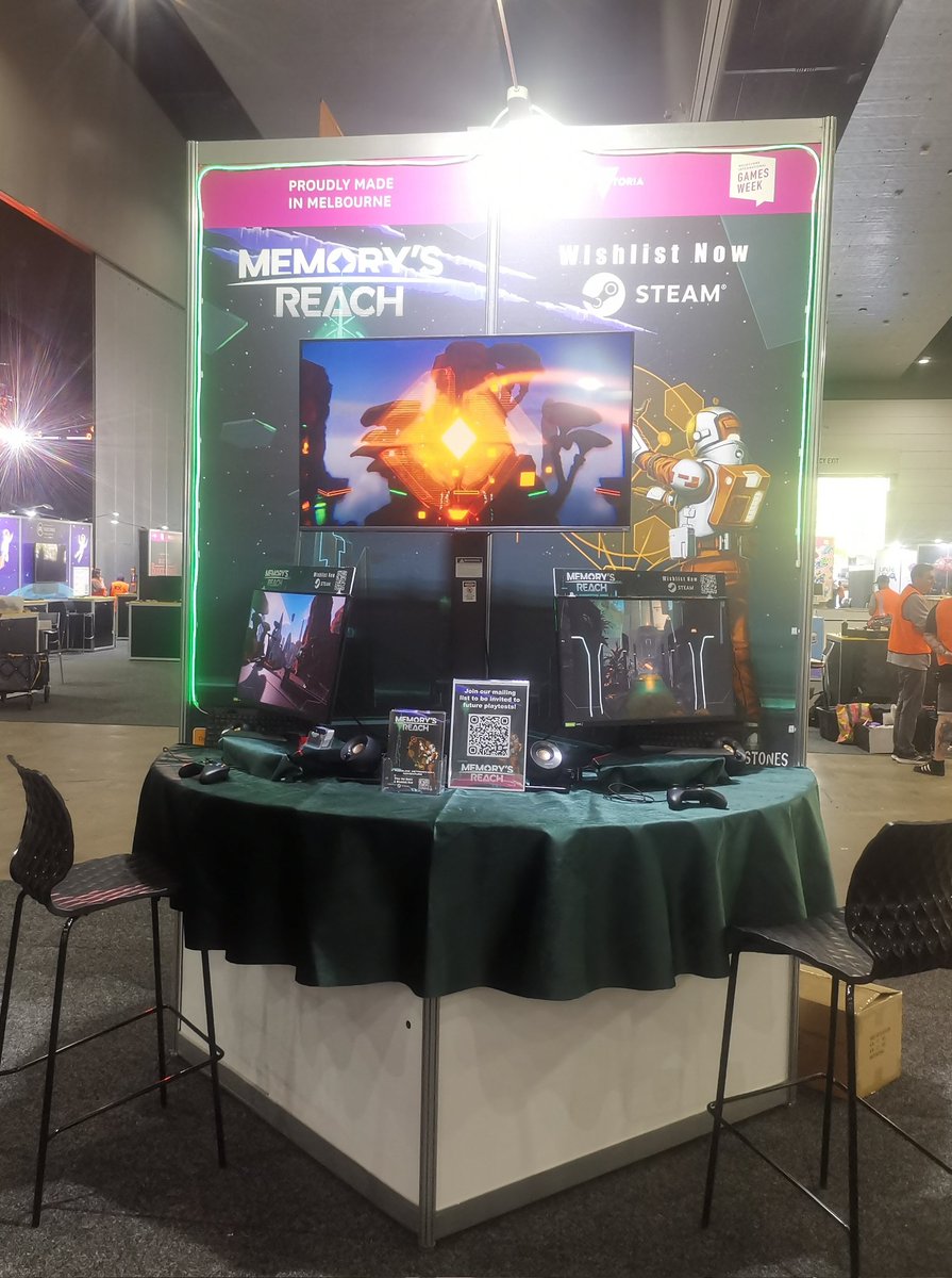 Setup and ready to go for PAX Aus tomorrow! And I think it looks pretty good with my fancy new green table cloth 😄 
#pax #paxaus2024