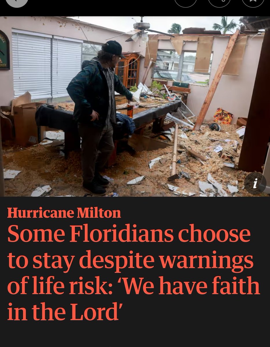 1goodtern's tweet photo. This is the living embodiment of an age old joke, the one about the guy who stays home during a flood, and rejects evacuation pleas, rejects help from a truck, then a boat, then a helicopter, saying that he has faith in the Lord to save him.
Then he downs, goes to heaven, and says to God "why didn't you rescue me?" and God says "Well, I sent you a weather forecaster, a guy in a truck, a woman in a boat, then a helicopter pilot, what more did you want?"