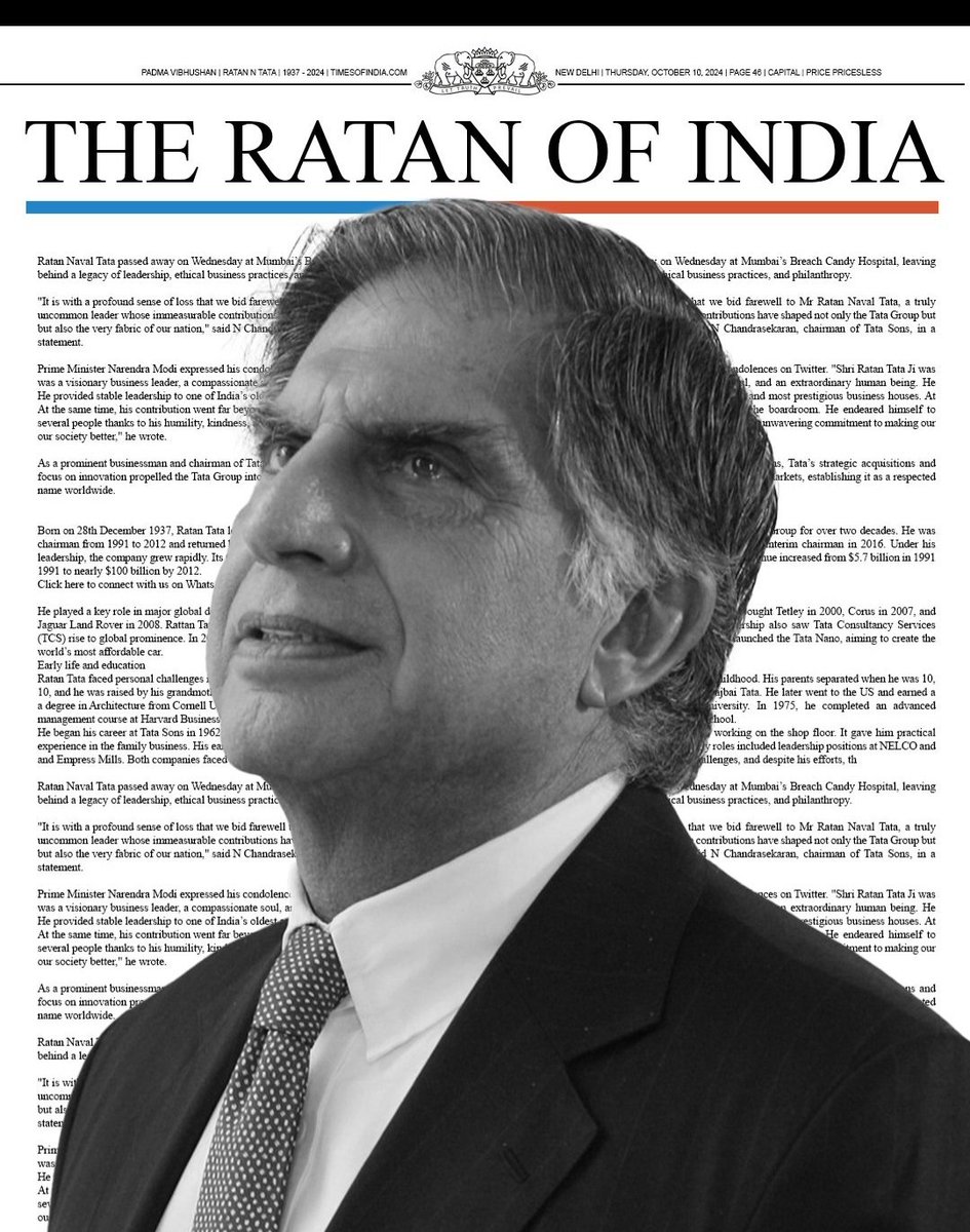 PranjalSah25386's tweet image. The clock has stopped ticking. The Titan passes away. #RatanTata was a beacon of integrity, ethical leadership and philanthropy, who has imprinted an indelible mark on the world of business,and beyond. He will forever soar high in our memories.
Om Shanti 🙏🙏
#RatanTataPassesAway