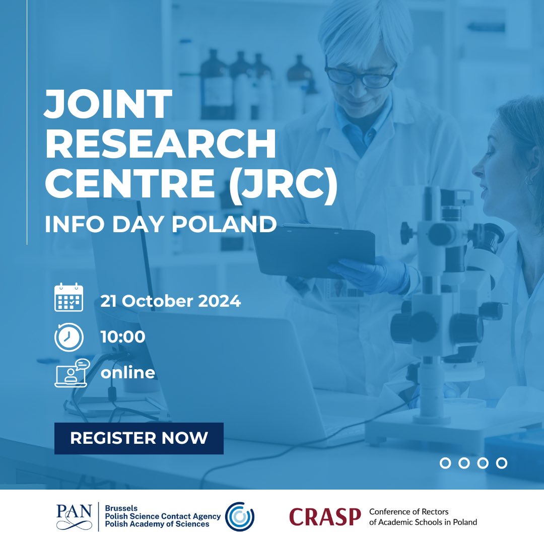 Tomasz.Poprawka (@tomaszpoprawka) on Twitter photo We’re glad that #PolSCA <a href="/PAN_akademia/">Polska Akademia Nauk</a> will cohost this #JRC Info Day 🇵🇱 on 21/10 with <a href="/KRASP_pl/">KRASP</a> and in partnership with <a href="/EU_ScienceHub/">EU_ScienceHub</a>
ℹ️ For details & registration follow the link👉 bit.ly/3U2Gd4M We’re glad that #PolSCA <a href="/PAN_akademia/">Polska Akademia Nauk</a> will cohost this #JRC Info Day 🇵🇱 on 21/10 with <a href="/KRASP_pl/">KRASP</a> and in partnership with <a href="/EU_ScienceHub/">EU_ScienceHub</a>
ℹ️ For details & registration follow the link👉 bit.ly/3U2Gd4M