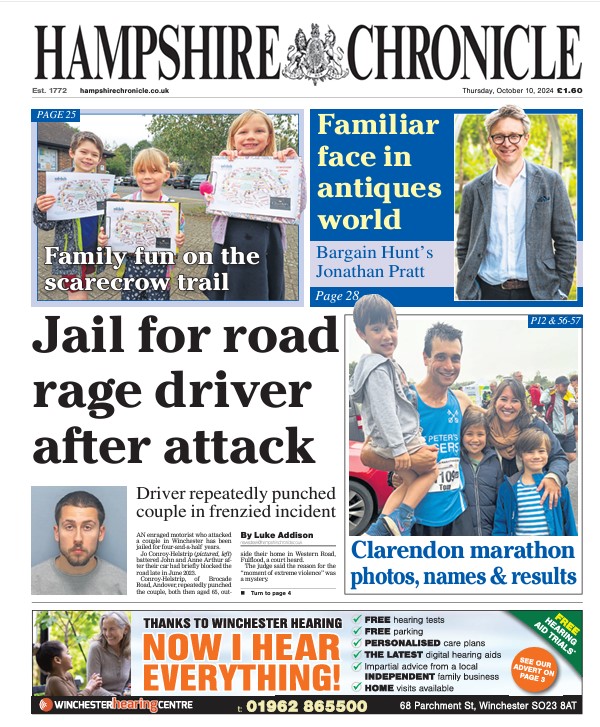 Today's Chronicle out now - shocking explosion of violence on a Fulflood street; Alresford farmer on trial for manslaughter; pics and results for Clarendon Marathon and Roly's Run; Colden Common scarecrow festival photos; 150 local stories
