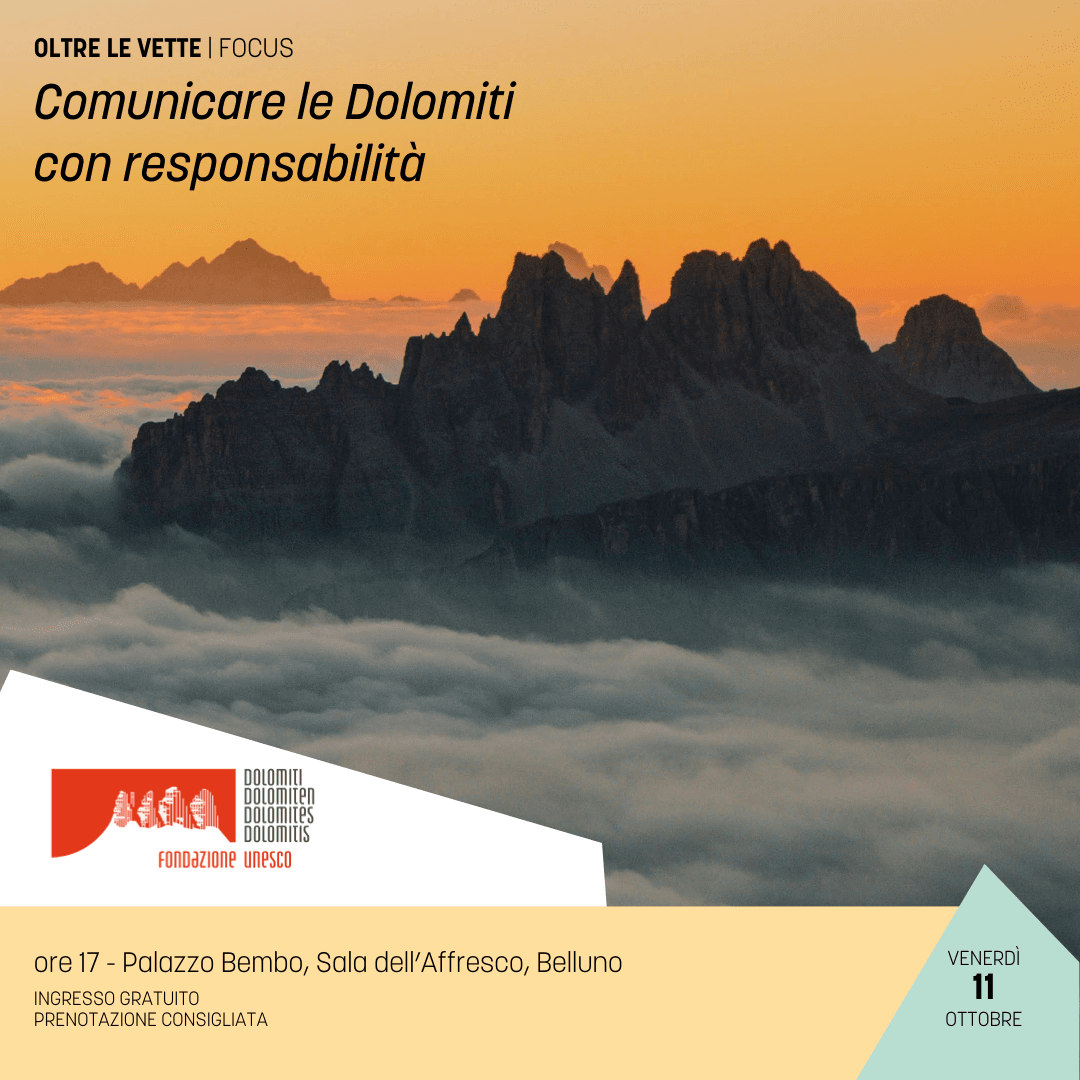 Comunicare le Dolomiti con responsabilità. Come possiamo incentivare rispetto e consapevolezza dei visitatori? Nel vasto mondo della promozione turistica, che impatto hanno immagini e messaggi che vengono veicolati?
Ne parliamo venerdì 11 ottobre, ore 17, a Palazzo Bembo #Belluno