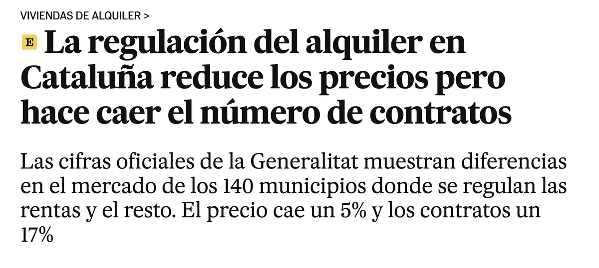 🔎 Quan s'analitza l'efecte del control de preus en el lloguer, s'observen sobretot dos elements: l'evolució dels preus i de l'oferta de pisos

El preu està clar què és: el cost dels nous pisos llogats

Però i l'oferta de pisos? Què mesurem? Convé donar-hi alguna volta [🧵 1/5]