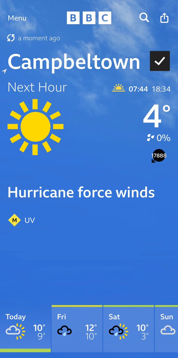 M_Laff's tweet photo. @JudithRalston think there’s a glitch in the BBC weather app this morning….hopefully 😮 https://t.co/e1eRJNr1V2