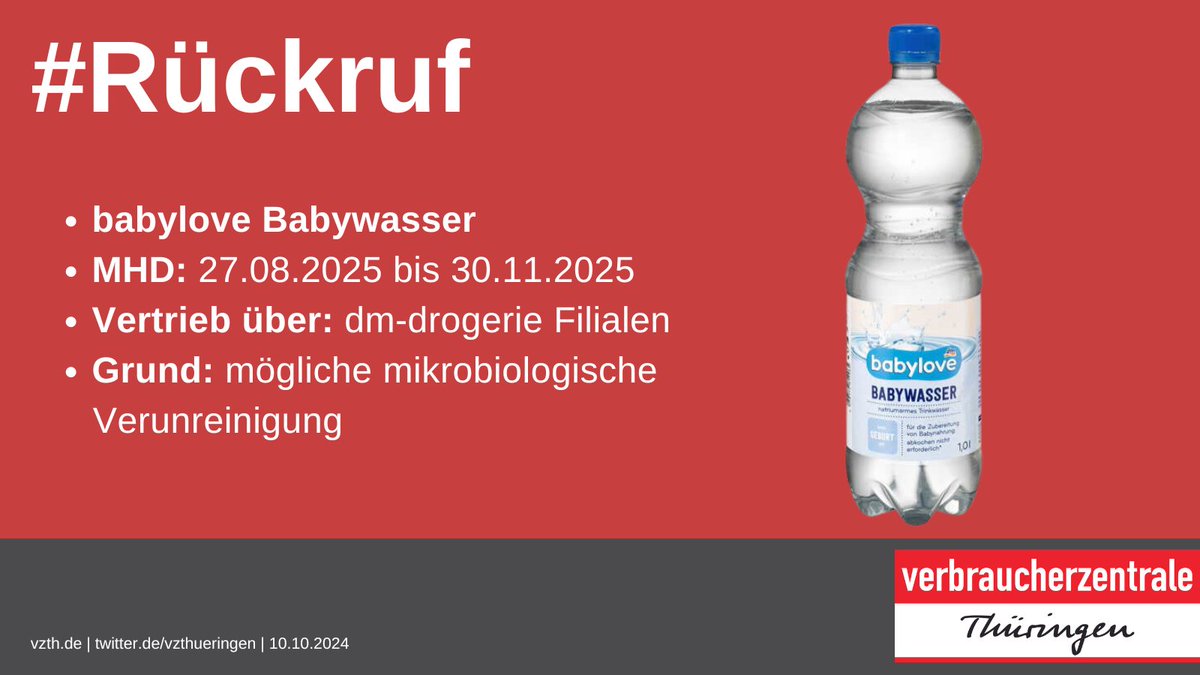 ‼️#Rückruf: babylove Babywasser, MHD: 27.8.25-30.11.25, Vertrieb über #dm, Grund: mögliche mikrobiologische Verunreinigung
Alle Infos 👉lebensmittelwarnung.de/___lebensmitte…