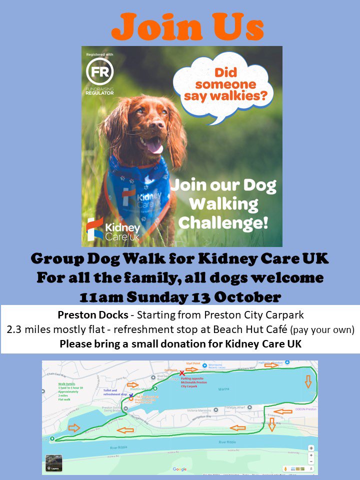 Next Sundays dog walk is at Preston Docks … everyone welcome. Please join us if you can 
🐩🐾🐕‍🦺🐾🦮🐾 <a href="/kidneycareuk/">Kidney Care UK @kidneycareuk.bsky.social</a>