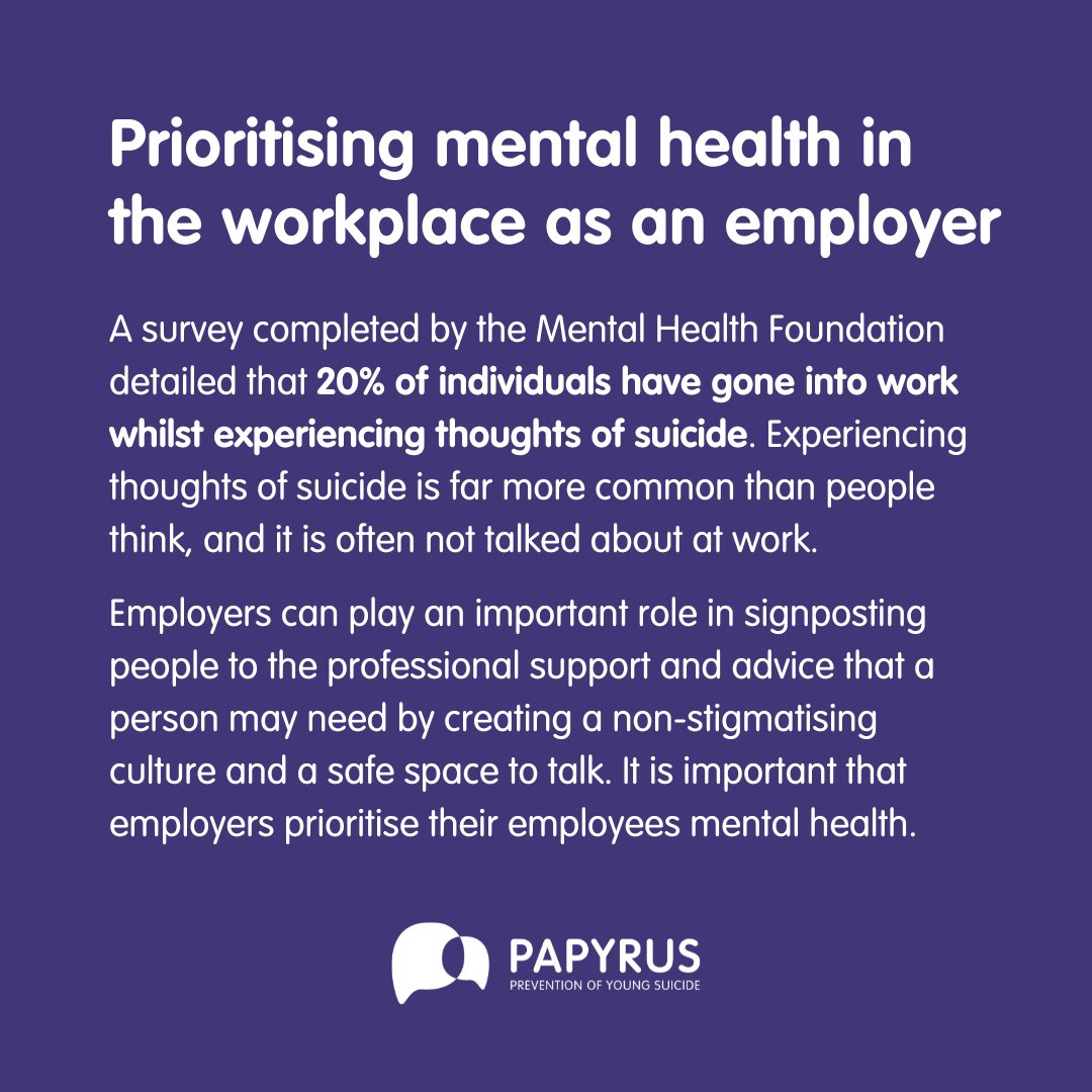 PAPYRUS (@papyrus_charity) on Twitter photo Today is #WorldMentalHealthDay and the theme is 'it is time to prioritise mental health in the workplace'. 💜
To view the full post, please visit our Instagram: @papyrus_uk
#SuicidePrevention #Support Today is #WorldMentalHealthDay and the theme is 'it is time to prioritise mental health in the workplace'. 💜
To view the full post, please visit our Instagram: @papyrus_uk
#SuicidePrevention #Support