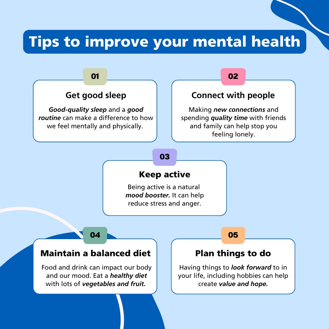 Remember, it's okay to not be okay, and it's important to prioritise your own mental health. Reach out for support when needed and spread kindness always! #WorldMentalHealthDay 💚 

Try following these tips to help improve your #mentalhealth.