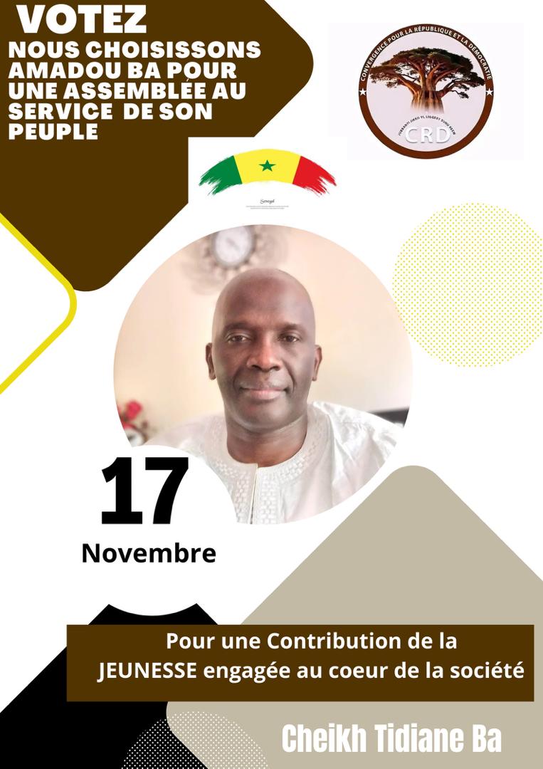 La Convergence pour la République et la Démocratie CRD vous donne rdv le 17 novembre avec le bulletin de la coalition Jamm ak njarign sous la direction d'Amadou Ba pour sauvegarder notre modèle républicain et nos acquis démocratiques. 
La liberté, les droits humains. Votons.