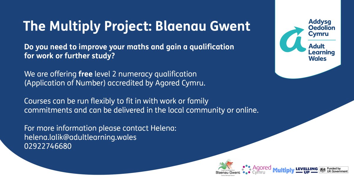 alwcymru's tweet photo. Do you live in Blaenau Gwent? Do you need to improve your maths and gain a qualification for work or further study? For more information please contact Helena: helena.lalik@adultlearning.wales 02922746680

#adultlearningwales #adulteducation #blaenaugwent #mathscourse https://t.co/VreLa3axgl