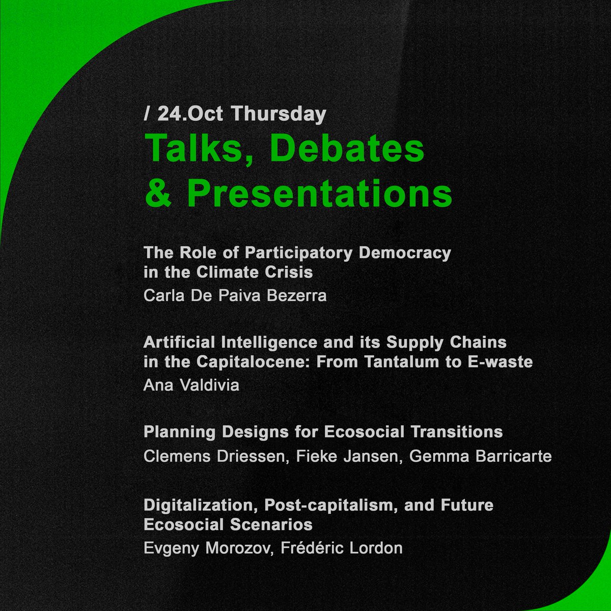 🎤 Have you noticed the amazing Talks, Debates &amp; Presentations on Day 2 at #DecidimFest 2024?
📅 Thursday: October 24, 2024

Get ready for a day of insightful discussions and powerful presentations from our expert speakers 🌟