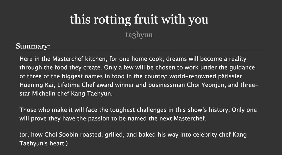 this rotting fruit with you | 🐰🐱

𐂐 for <a href="/txtrarepair/">txt rarepair fest</a> 
𐂐 chapter 1 - 3.4k 
𐂐 masterchef au, reality show, all’s fair in love and cooking 🧑‍🍳

🔗: archiveofourown.org/works/59322055…