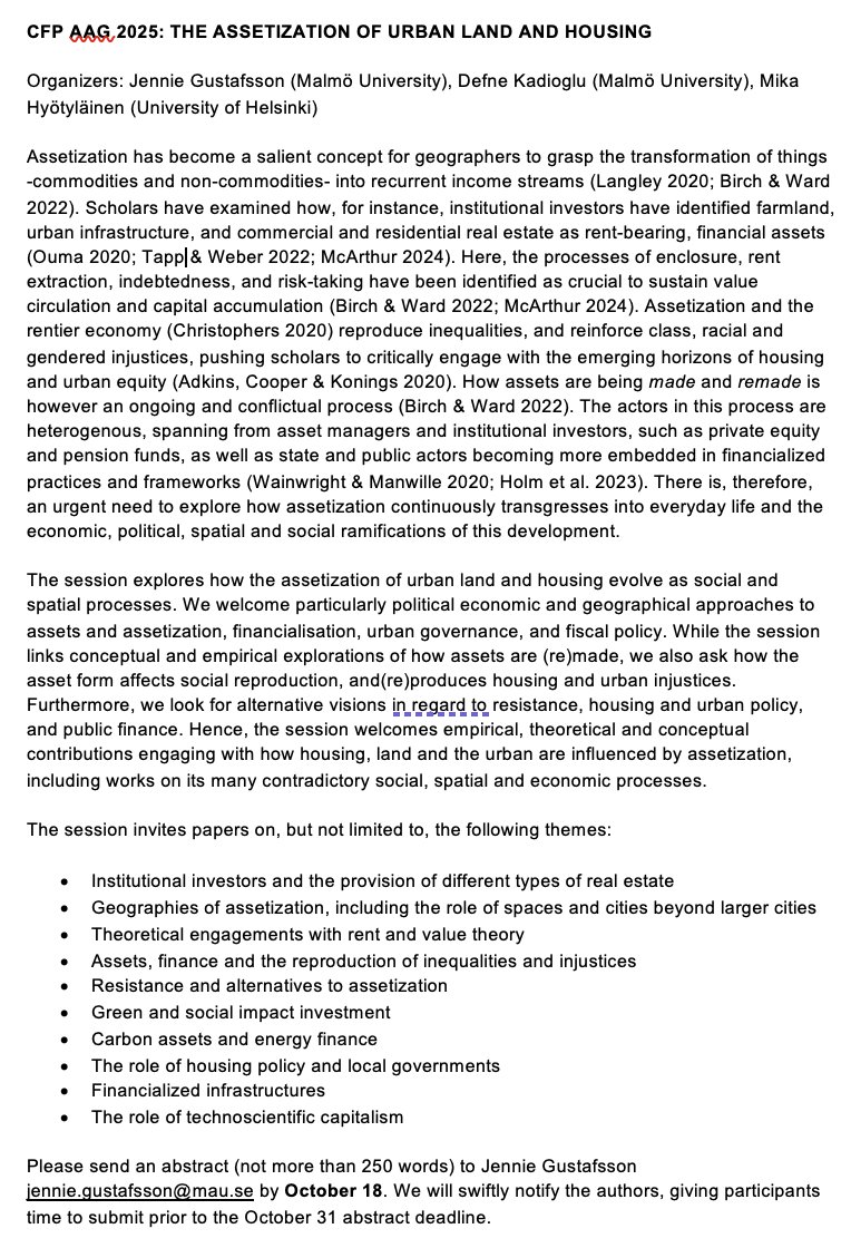 Jennie Gustafsson (@jiegson) on Twitter photo Welcome to submit abstracts to our #AAG2025 session on ASSETIZATION OF URBAN LAND AND HOUSING organized by me and @KadiogluDefne from @IURMAU and Mika Hyötyläinen!
Send an abstract to jennie.gustafsson@mau.se by October 18. Welcome to submit abstracts to our #AAG2025 session on ASSETIZATION OF URBAN LAND AND HOUSING organized by me and @KadiogluDefne from @IURMAU and Mika Hyötyläinen!
Send an abstract to jennie.gustafsson@mau.se by October 18.