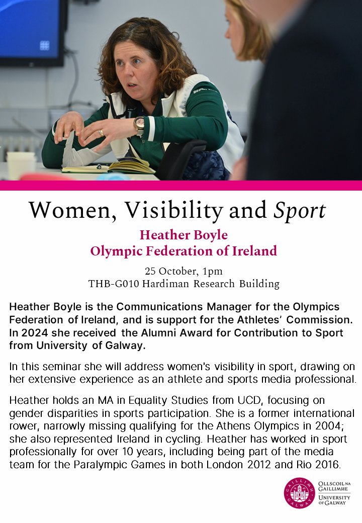Centre for Global Women's Studies, UniofGalway (@cgwsuniofgalway) on Twitter photo 📢Heather Boyle, Head of Communications at the Olympic Federation of Ireland <a href="/TeamIreland/">Team Ireland</a>, will be speaking on The Visibility of Women in Sport 🏅✨ Join us at 1pm, 25th October in G010, Hardiman Research Building <a href="/uniofgalway/">Ollscoil na Gaillimhe | University of Galway</a>🙌 #WomenInSport 📢Heather Boyle, Head of Communications at the Olympic Federation of Ireland <a href="/TeamIreland/">Team Ireland</a>, will be speaking on The Visibility of Women in Sport 🏅✨ Join us at 1pm, 25th October in G010, Hardiman Research Building <a href="/uniofgalway/">Ollscoil na Gaillimhe | University of Galway</a>🙌 #WomenInSport