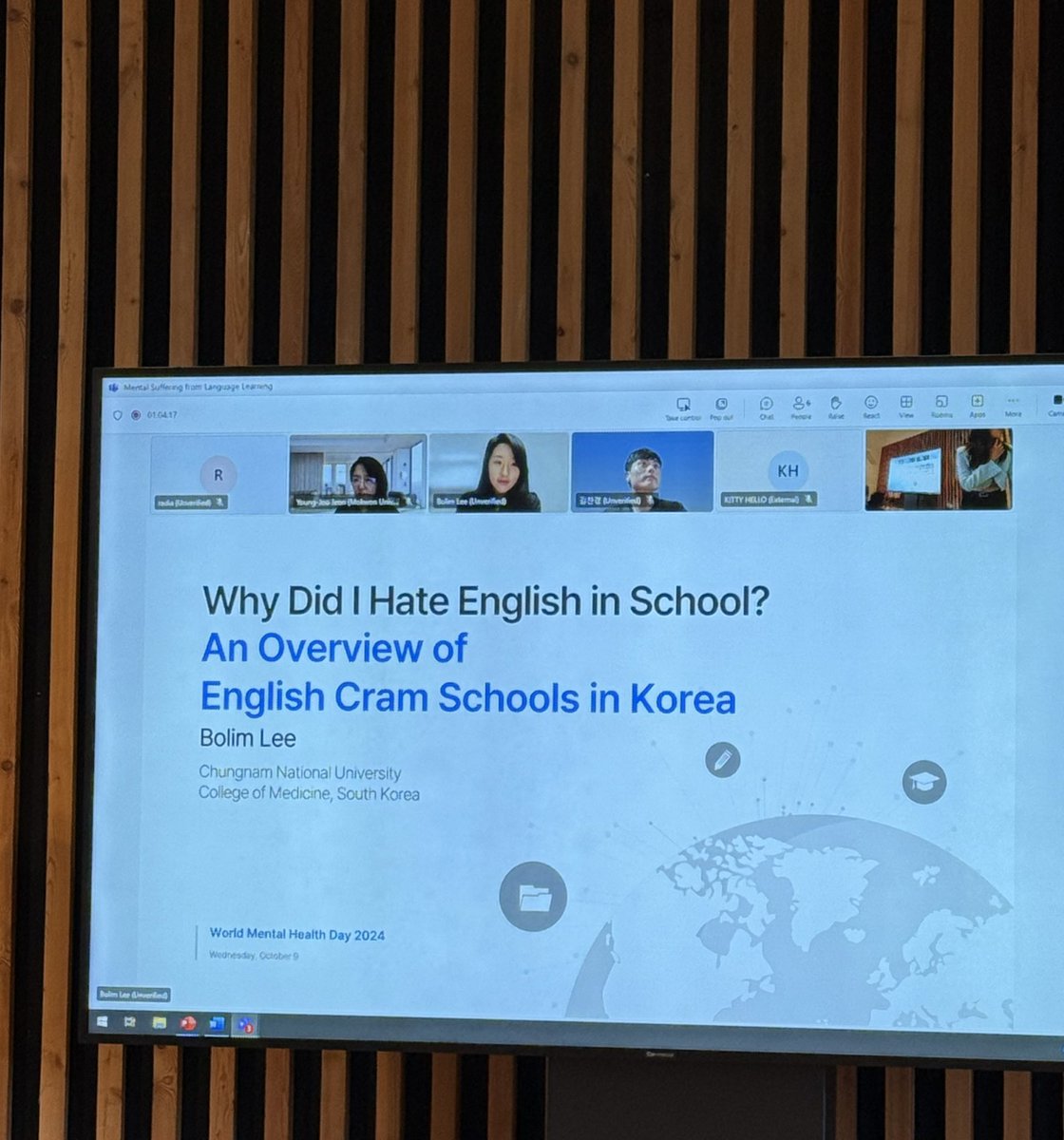 lsjysj's tweet photo. 🙏 Thanks to all who attended Dr. Y. Han’s (@YorkStJohn) fascinating research talk on #mentaldistress in #languagelearning, where C. Kim and B. Lee (Chungnam National University) shared their lived experiences with #Englishlearning in #SouthKorea. 

#CLSJR #WorldMentalHealthDay https://t.co/48utk5LKln