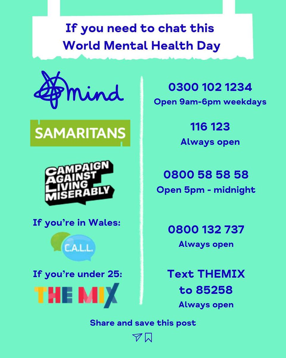 It is World Mental Health Day! Some useful numbers if you need someone to talk to. #WorldMentalHealthDay2024