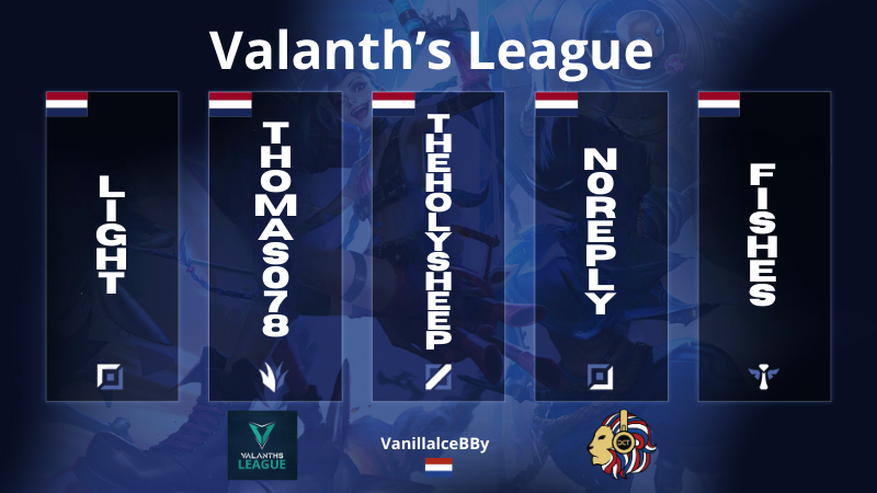 DutchCTeam's tweet photo. Welcome to our roster for the @ValanthsLeague!

Top: Light  
Jungle: Thomas078 
Mid: TheHolySheep
ADC: N0REPLEY  
Support: Fishes

Subs: VanillalceBBy  

#ValanthsLeague #esports #leagueoflegends #dutchteam #DCTWIN https://t.co/cVuRUFvTLP