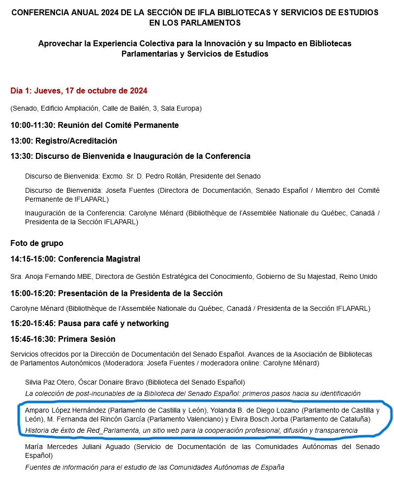 - La Conferencia Anual 2024 de <a href="/iflaparl/">IFLAPARL</a> se celebra los días 17 y 18 de octubre en el <a href="/Senadoesp/">Senado de España</a>.  En ella se presenta la comunicación "Historia de éxito de Red_Parlamenta, un sitio web para la cooperación profesional, difusión y transparencia" lc.cx/AOhLKt