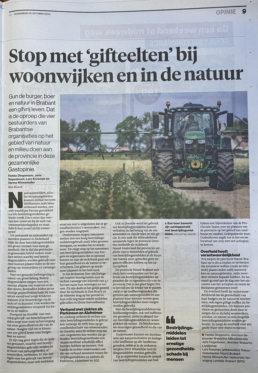 Vier Brabantse organisaties roepen in opiniestuk de Provincie Noord-Brabant op tot verbod op ‘gifteelten’ rondom natuurgebieden en woonkernen. #pesticide #natuur #gezondheid