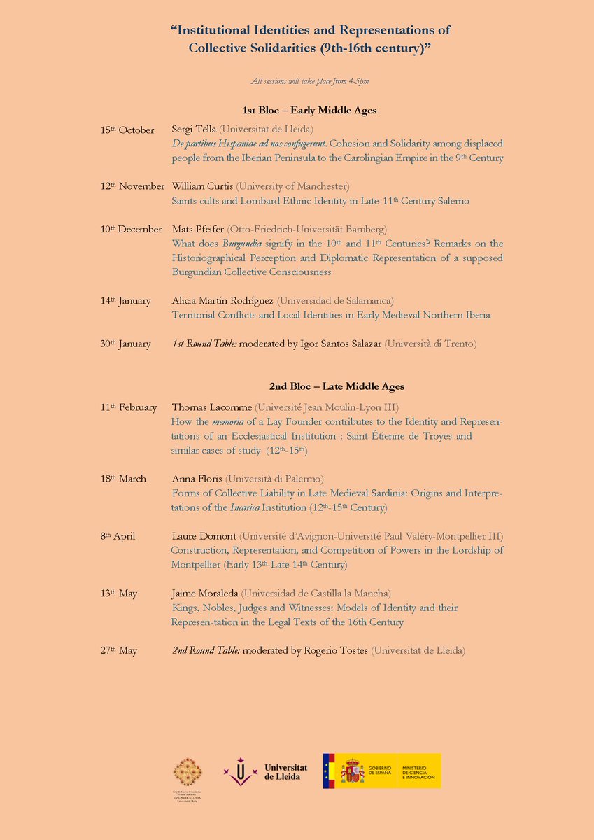 Dimarts 18-oct a les 16h, arrenca la 5a edició dels seminaris virtuals "Connecta amb l'Edat Mitjana" sota la temàtica “Institutional Identities and Representations of Collective Solidarities (9th-16th century)”.
ℹ️medieval.udl.cat/en/activities/…
Accés sessió: teams.microsoft.com/l/meetup-join/…