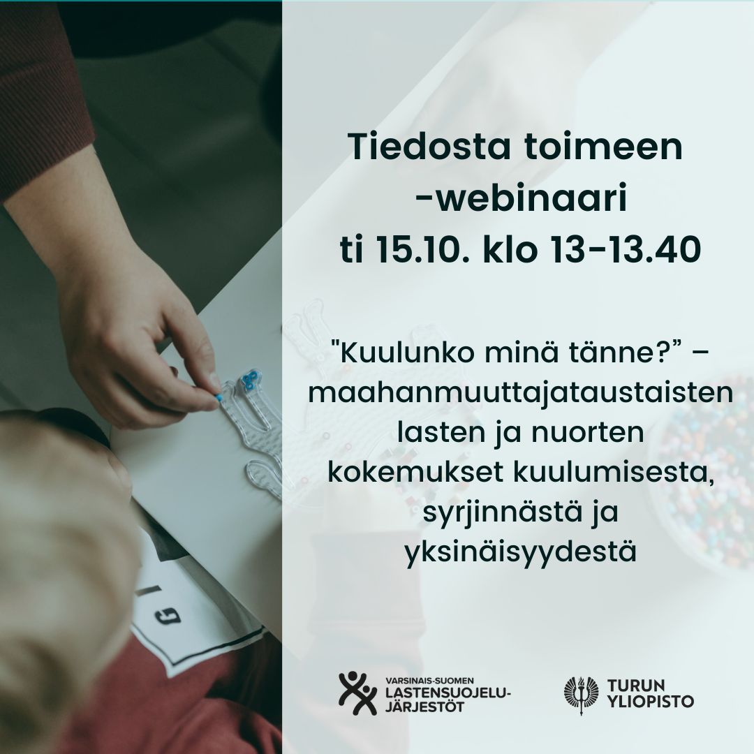 Tule kuulemaan, kun tutkijamme <a href="/RKasperi/">Rekar Abdulhamed</a> kertoo maahanmuuttajataustaisten lasten ja nuorten kuulumisen, syrjinnän ja yksinäisyyden kokemuksista Varsinais-Suomen lastensuojelujärjestöt ry:n ja tiedekummien webinaarissa.

Lue lisää: vslj.fi/tietoa-tutkimu… 

<a href="/Akatemia_STN/">Strateginen tutkimus</a>