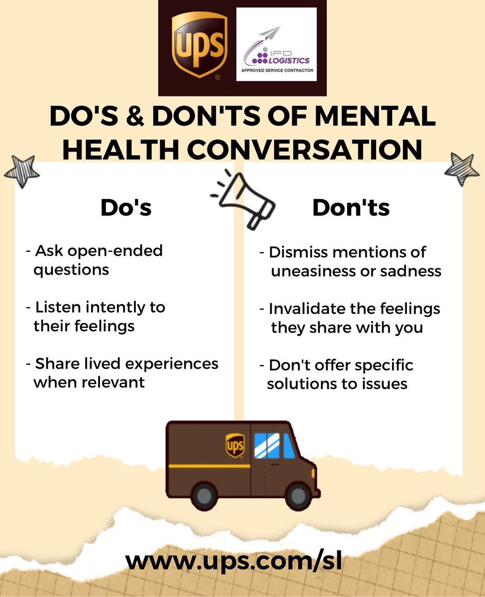 IfdLogistics's tweet image. There are no set rules to managing stress or workplace anxiety .. with communication however , you can never go wrong . Here are a few tips .. these are not proven , but it’s a good place to start in addressing mental health in the workplace.
#ifdsl #courier #ups #asc