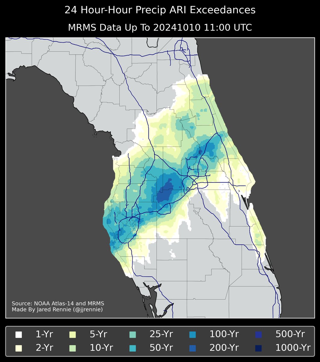 Jared Rennie (@jjrennie) on Twitter photo Preliminary rainfall estimates from NOAA's MRMS puts about half a million folks in Florida (850 square miles) in a 1-100 year Flood event from #Milton.
Some areas even experienced a 1-200 year event.
#FLwx <a href="/NWSTampaBay/">NWS Tampa Bay</a> <a href="/NWSMelbourne/">NWS Melbourne</a> <a href="/NWSMiami/">NWS Miami</a>
#StateOfTheFlood Preliminary rainfall estimates from NOAA's MRMS puts about half a million folks in Florida (850 square miles) in a 1-100 year Flood event from #Milton.
Some areas even experienced a 1-200 year event.
#FLwx <a href="/NWSTampaBay/">NWS Tampa Bay</a> <a href="/NWSMelbourne/">NWS Melbourne</a> <a href="/NWSMiami/">NWS Miami</a>
#StateOfTheFlood