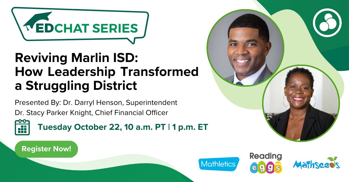How do you turn a decade of failure into success? Dr. Darryl Henson shares Marlin ISD’s inspiring journey on our next #EdChat! Don't miss out—October 22nd, 1 p.m. ET. Register Here 👉ow.ly/L4Yi50TIluX #EducationLeadership #SchoolTransformation