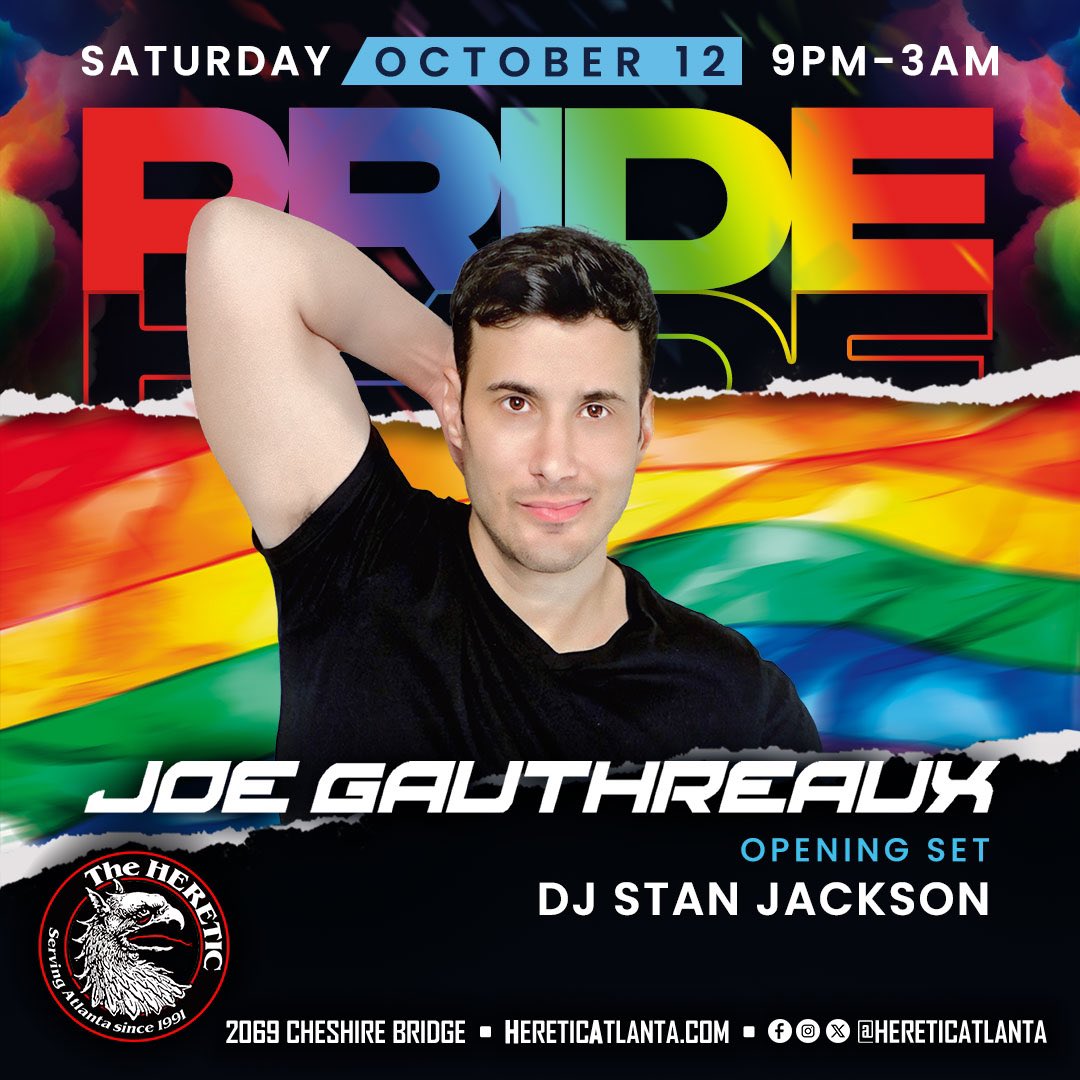 #PRIDE Saturday October 12 at <a href="/hereticatlanta/">Heretic Atlanta</a>. 10pm. Expect club capacity crowds, so grab your tickets now! 🏳️‍🌈🏳️‍⚧️

universe.com/events/heretic…