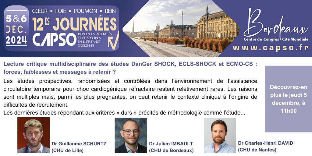 🖱 Inscrivez-vous pour pouvoir assister à cette présentation de G. SCHURTZ, J. IMBAULT et C.-H. DAVID le jeudi 5 décembre, à Bordeaux, lors des #CAPSO24 : capso.fr/inscription/
👉 Pour en savoir plus sur cette intervention : urlr.me/J4Tmq
#ECMO #ECLS