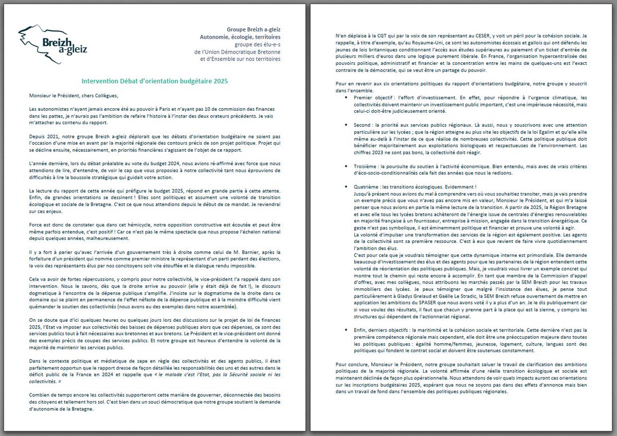 En session à la <a href="/regionbretagne/">Région Bretagne</a>, nous avons débattu des orientations en matière de finances pour 2025 dans un contexte national très incertain... On attend de voir le PLF 2025 !! Côté Bretagne, les orientations 2025 vont dans le sens de la cohésion sociale et territoriale👍👍