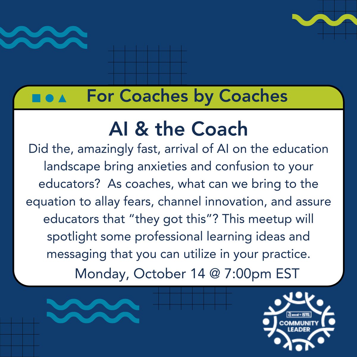 Calling all coaches! Join ASCD + ISTE Community Leaders for the instructional coaches meetup Monday, Oct 14 at 7pm EST to learn more about empowering educators using AI presented by Christina DiMicelli! Register here: bit.ly/CoachMeetOCT! #AI #ISTE #InstructionalCoaches