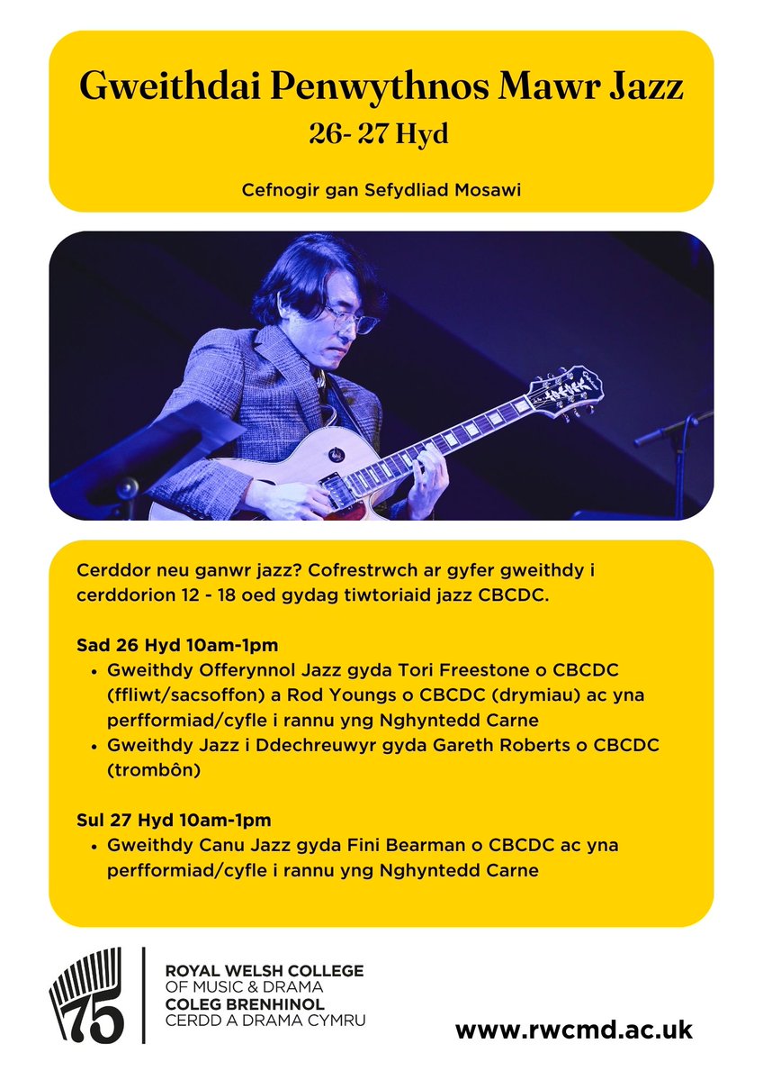 Gweithdai Jazz am ddim
Cofrestrwch yma: forms.office.com/e/qGDMLmSg76