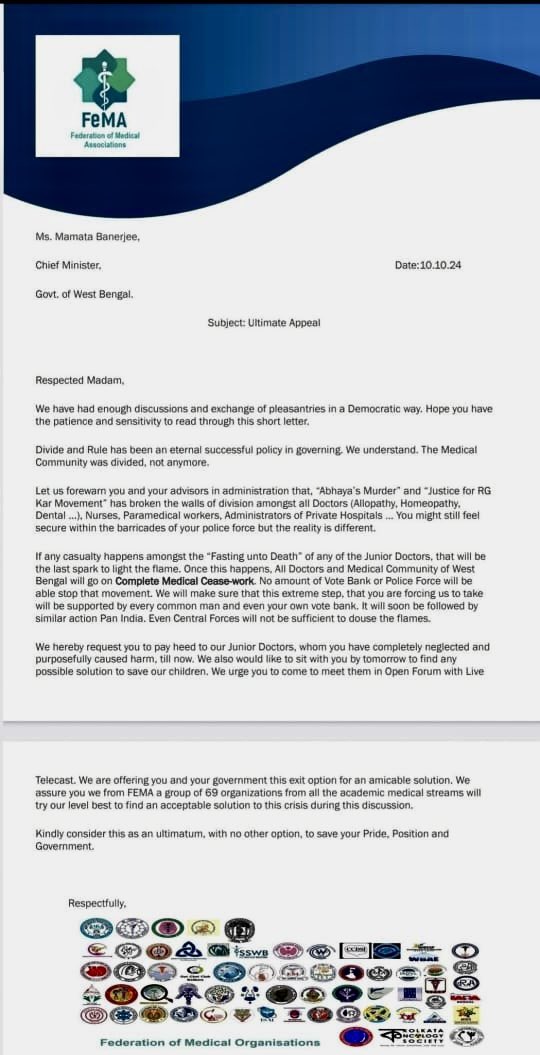 anusmita2000's tweet image. 🚨 Fema calls for a complete ceasework. 

Federation of Medical Association curated a letter that says “All Doctors and Medical Community of West Bengal will go on Complete Medical Cease-work. No amount of Vote Bank or Police Force will be able stop that movement. We will make…