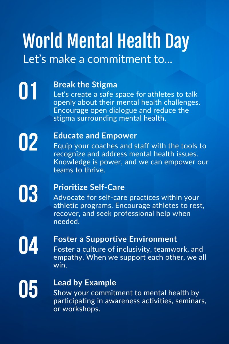 As athletic directors, it's key to prioritize mental wellness. Encourage open conversations, offer resources, and foster a culture of balance. Let's support our athletes, coaches, and staff today &amp; every day. 💚 #WorldMentalHealthDay #MentalHealthMatters #SupportYourTeam