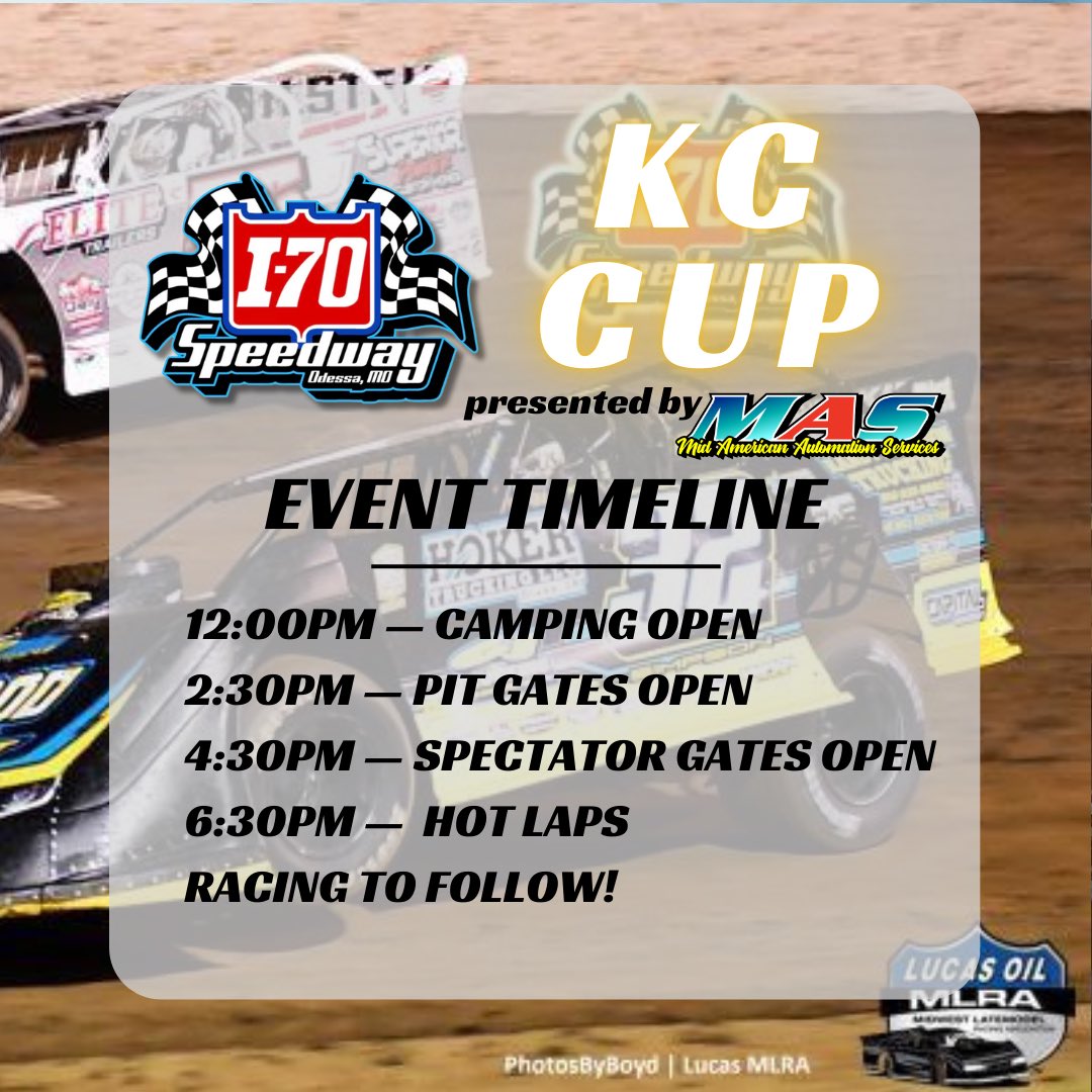 FINAL RACE DAY OF 2024 AT I-70 🚨

KC Cup Pres. by Mid American Automation Services feat. @MLRA Super Late Models is TONIGHT!

💰$7K TO WIN

2:30PM – Pit Gates Open
4:30PM – Ticket Office + Spectator Gates Open
6:30PM – Hot Laps
Racing to follow!

🎟️ myracepass.com/tracks/1718/ti…