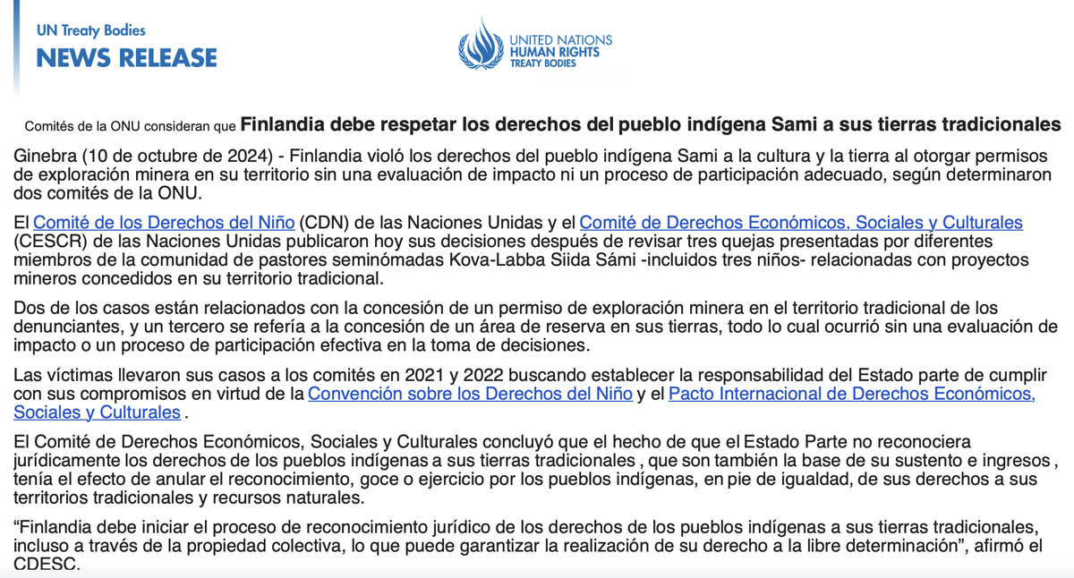 NenePedernera's tweet photo. 3 hermanas indígenas Sámi presentaron un caso contra Finlandia al otorgar permisos de exploración minera sin una evaluación de impacto o un proceso de participación adecuado. Caso adoptado en la sesión del Comité DDNN de septiembre de este año👇🏼 https://t.co/1tv2l6rKgV. https://t.co/jRHhSp45o2