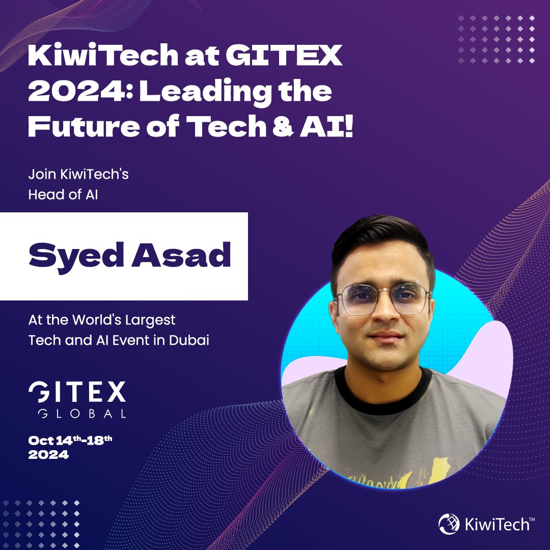 We’re excited to announce that our Head of AI, Syed Asad, will be attending GITEX 2024, where he’ll explore the latest advancements in AI. Don’t miss the chance to connect with him and discuss the future of AI.

Let’s meet at #GITEX! #GITEX2024 #KiwiTech #AI #DubaiTech