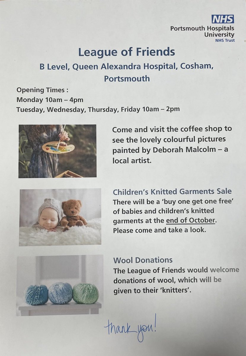 Caroline O'Connor (@coconnor5757) on Twitter photo Why not pop along to support the League of Friends <a href="/PHU_NHS/">Portsmouth Hospitals University NHST</a>. Their coffee shop on B level now has a card reader to take your payment, or you can still pay by cash if you prefer. They would also love any donations of wool for their knitters 🧶 <a href="/LeagueofFriend1/">League of Friends QA 💙</a> Why not pop along to support the League of Friends <a href="/PHU_NHS/">Portsmouth Hospitals University NHST</a>. Their coffee shop on B level now has a card reader to take your payment, or you can still pay by cash if you prefer. They would also love any donations of wool for their knitters 🧶 <a href="/LeagueofFriend1/">League of Friends QA 💙</a> 