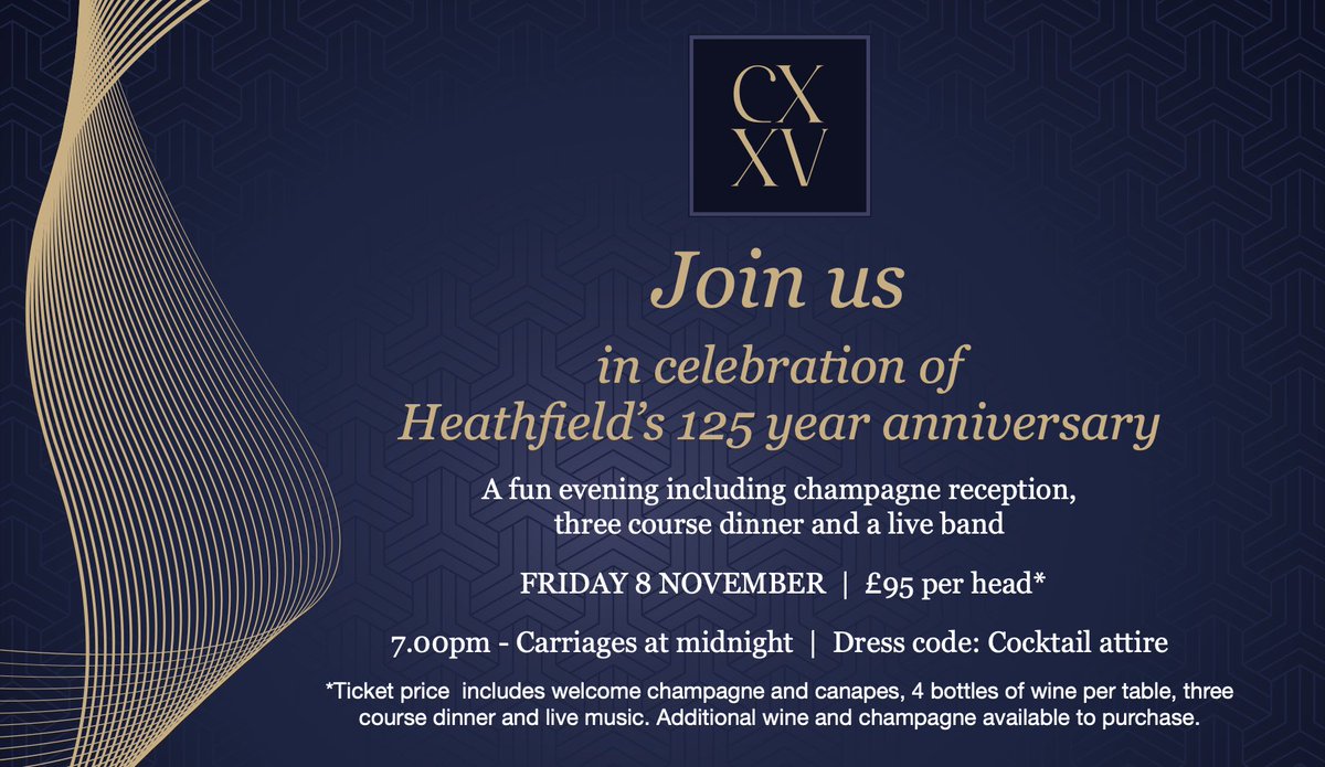 HeathfieldAscot's tweet image. The HPA are really looking forward to Heathfield School’s Gala Dinner on 8 Nov, celebrating their 125th year. 

Tickets are in demand, so please book yours now. Email events@heathfieldschool.net 

We look forward to seeing you there!

#galadinner #125heathfield