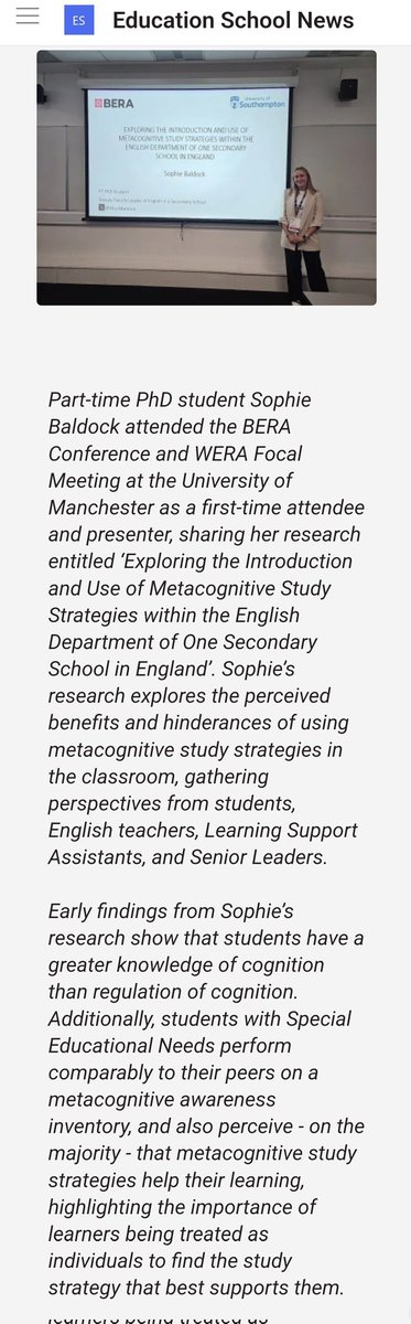 MissSBaldock's tweet image. Made it onto the @SotonEd Newsletter 🌟

#PhD #metacognition #studystrategies #studentvoice #BERA