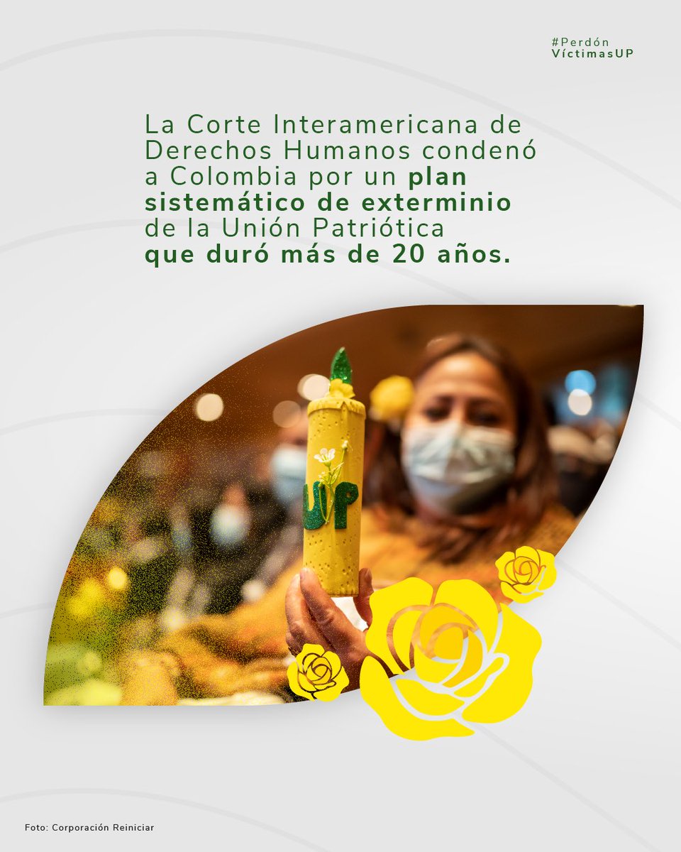 #PerdónVíctimasUP 🎗️ Este 11 de octubre, Colombia reconocerá su responsabilidad en el exterminio de la <a href="/UP_Colombia/">Unión Patriótica</a>. 

🕊️ Un acto histórico para dignificar a las más de 6.000 víctimas de violencia sistemática. 

🧶👇🏻