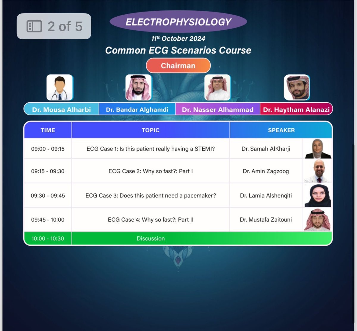 Join us tomorrow to learn about common ECG scenarios and ECG nightmares in clinical practice. Guaranteed to be exciting sessions with our expert panel of speakers and chairpersons!
<a href="/TheSaudiHeart/">جمعية القلب السعودية</a> 
#SHA2024
<a href="/HRS_Saudi/">Gulf Arrhythmia Conference</a> 
#Cardiology #Workshops #HeartHealth #MedicalTraining