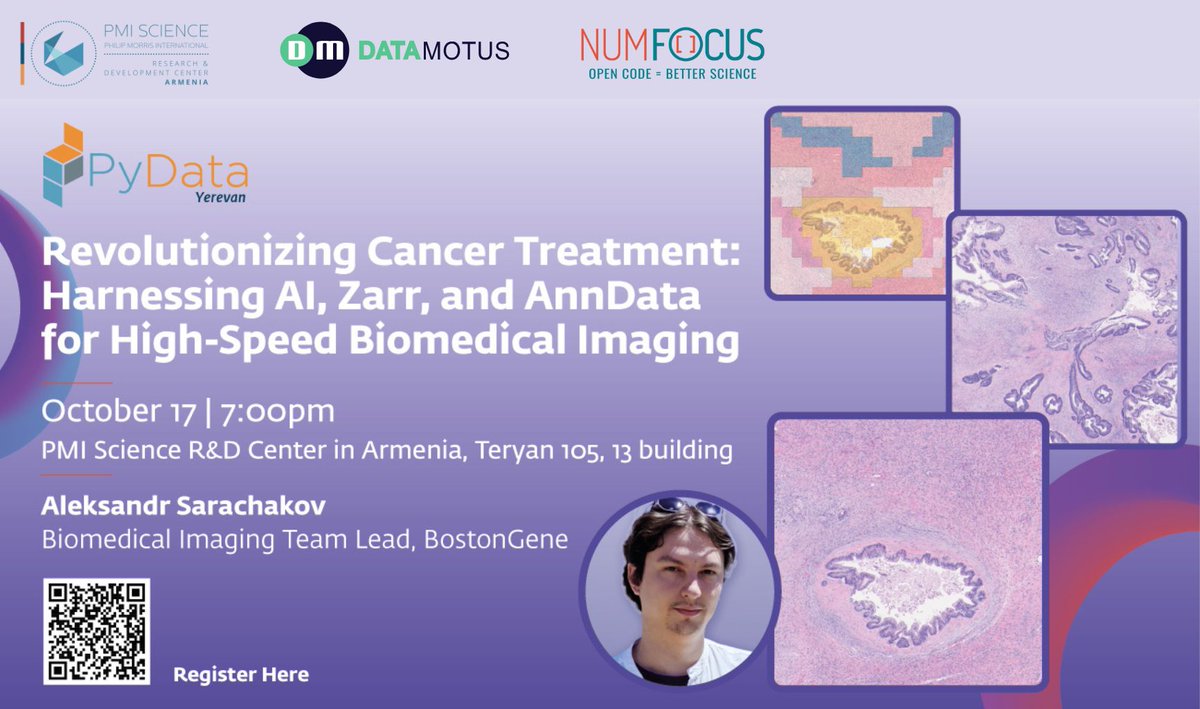 📣PyData Yerevan announces October meetup on "Revolutionizing Cancer Treatment: Harnessing AI, Zarr, and AnnData for High-Speed Biomedical Imaging" with Aleksandr Sarachakov, Biomedical Imaging Team Lead at BostonGene.

Register to attend the meetup: forms.gle/hWdTwCBfcSprjA…