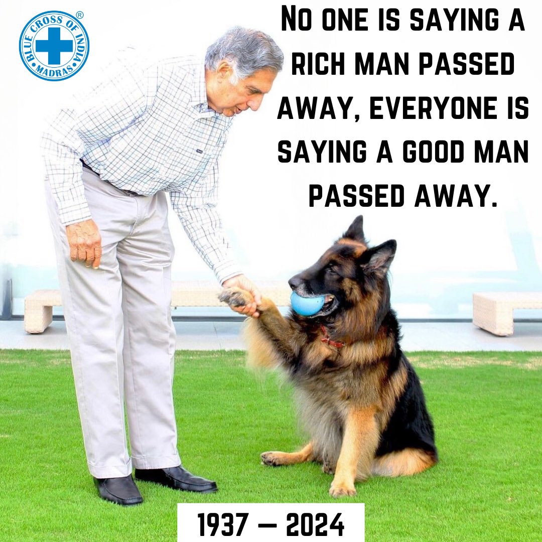 Blue Cross of India (@bluecross_) on Twitter photo Remembering #RatanTata, a champion of compassion & kindness. His support transformed lives at our animal sanctuary & beyond. Thank you for inspiring empathy & conservation. Your legacy lives on! #AnimalLover #CompassionMatters #Tribute
<a href="/RNTata2000/">Ratan N. Tata</a> <a href="/TataCompanies/">Tata Group</a> <a href="/tatatrusts/">Tata Trusts</a> Remembering #RatanTata, a champion of compassion & kindness. His support transformed lives at our animal sanctuary & beyond. Thank you for inspiring empathy & conservation. Your legacy lives on! #AnimalLover #CompassionMatters #Tribute
<a href="/RNTata2000/">Ratan N. Tata</a> <a href="/TataCompanies/">Tata Group</a> <a href="/tatatrusts/">Tata Trusts</a>