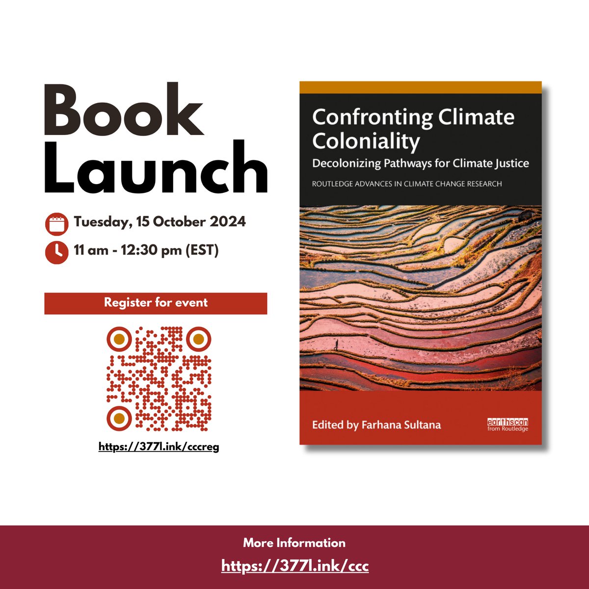 📣Please join us at the Book Launch!🎉
📕“Confronting Climate Coloniality: Decolonizing Pathways for Climate Justice”
🗓️Tuesday 15 Oct 2024
⏰11:00am - 12:30pm EST 
🔗Zoom Registration: 377l.ink/cccreg

Join the editor &amp; authors to celebrate the book’s publication &amp;