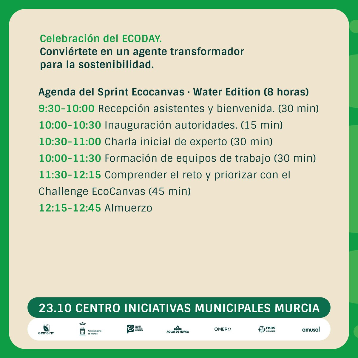 AEMArm's tweet photo. AEMA junto a @EMUASA_Clientes y @Murcia_Emplea     celebran el ECODAY 2024 🌍
🌊Ayúdanos a solventar el reto de que los ciudadanos consuman agua del grifo.

https://t.co/ylcYvC5n7Q

📅Miércoles,23 de octubre

👨‍💼Centro de Iniciativas Municipales de Murcia https://t.co/StRcZArJxb
