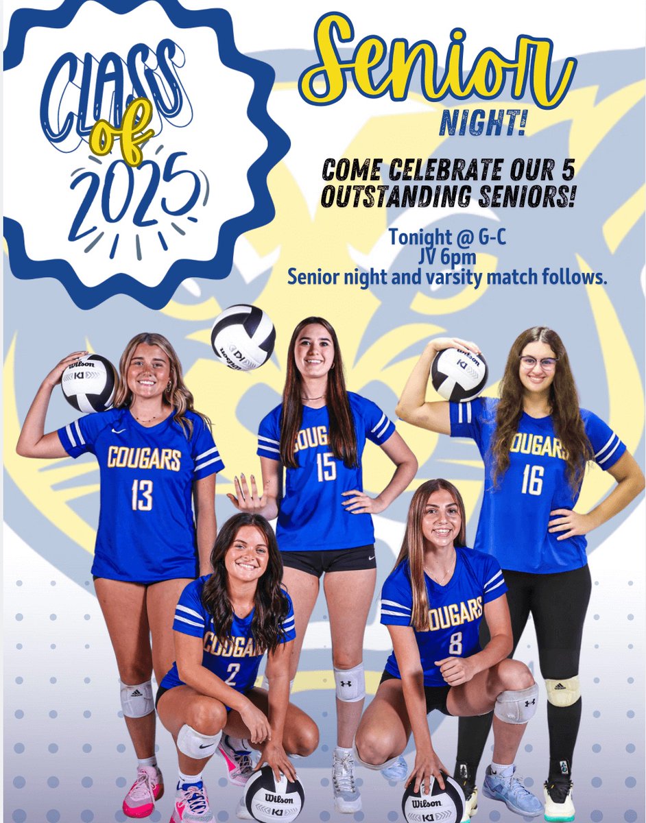 IT’S SENIOR NIGHT!! 🏐
The Cougars will host their final home game of the season tonight against Triton Central. Theme is college apparel! 
Come show your support for the volleyball team and our seniors 🔵🟡
