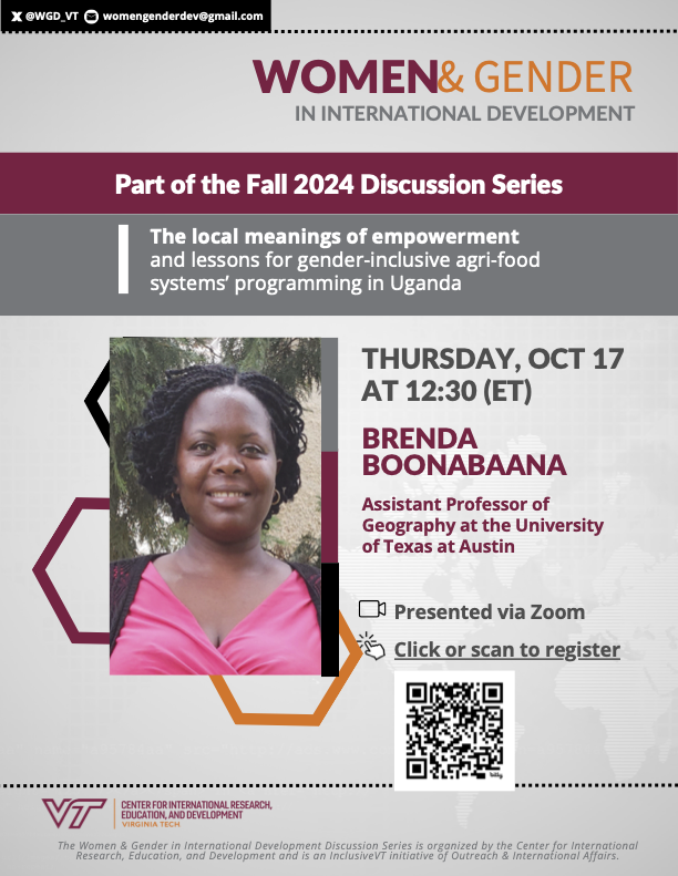 Join <a href="/WGD_VT/">Women&Girls in Dev</a> TOMORROW for a discussion by Brenda Boonabaana of <a href="/UTAustin/">UT Austin</a> on agricultural opportunities and interventions for women's empowerment in Uganda! 🌱🇺🇬
Register to join via Zoom: virginiatech.zoom.us/meeting/regist…